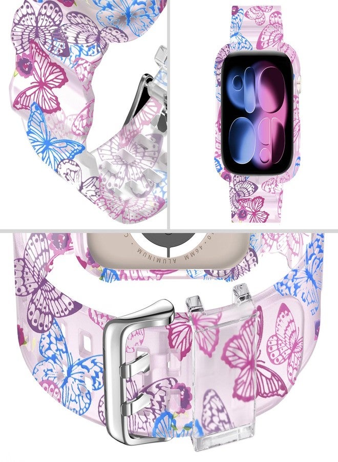 DABAOZA Compatible with Apple Watch Band 38 mm 40 mm 42 mm 44 mm with Glitter Bumper Case, Women Silicone Soft Comfortable Adjustable Strap for iWatch SE Series 6/5/4/3/2/1, Clear BlueButterfly, 46mm - Image 3