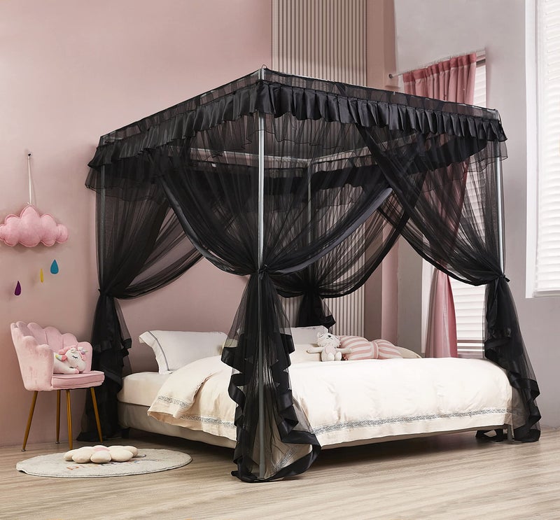 Mengersi Black Elegant 4 Corners Post Canopy Bed Curtains Mosquito Net Bed Drapes Full Size - Image 1