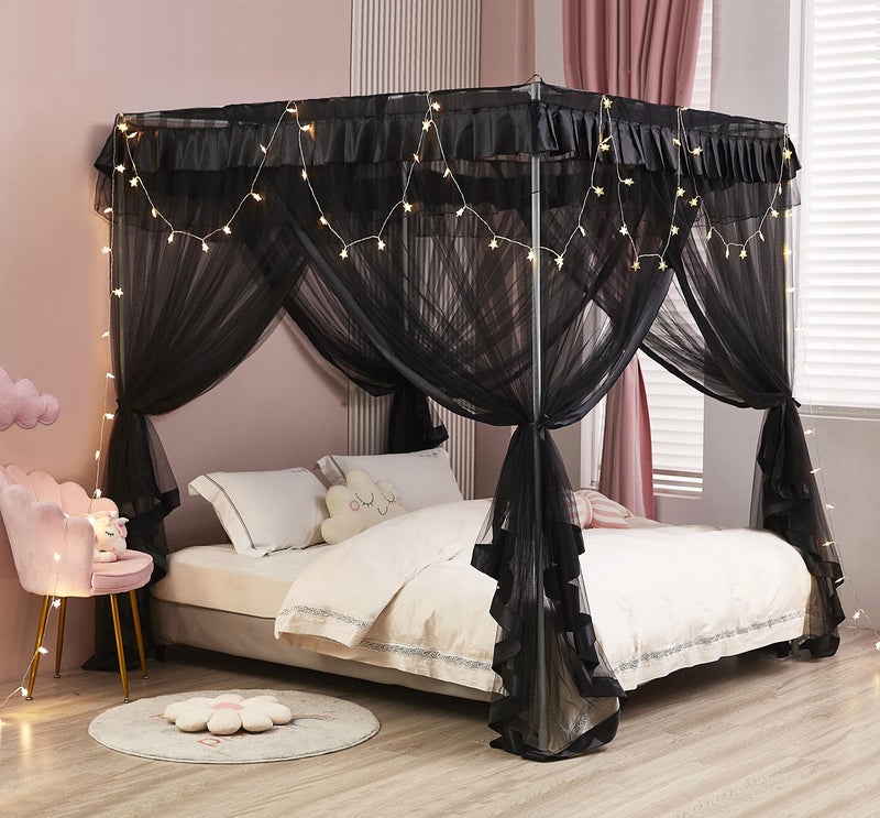 Mengersi Black Elegant 4 Corners Post Canopy Bed Curtains Mosquito Net Bed Drapes Full Size - Image 3