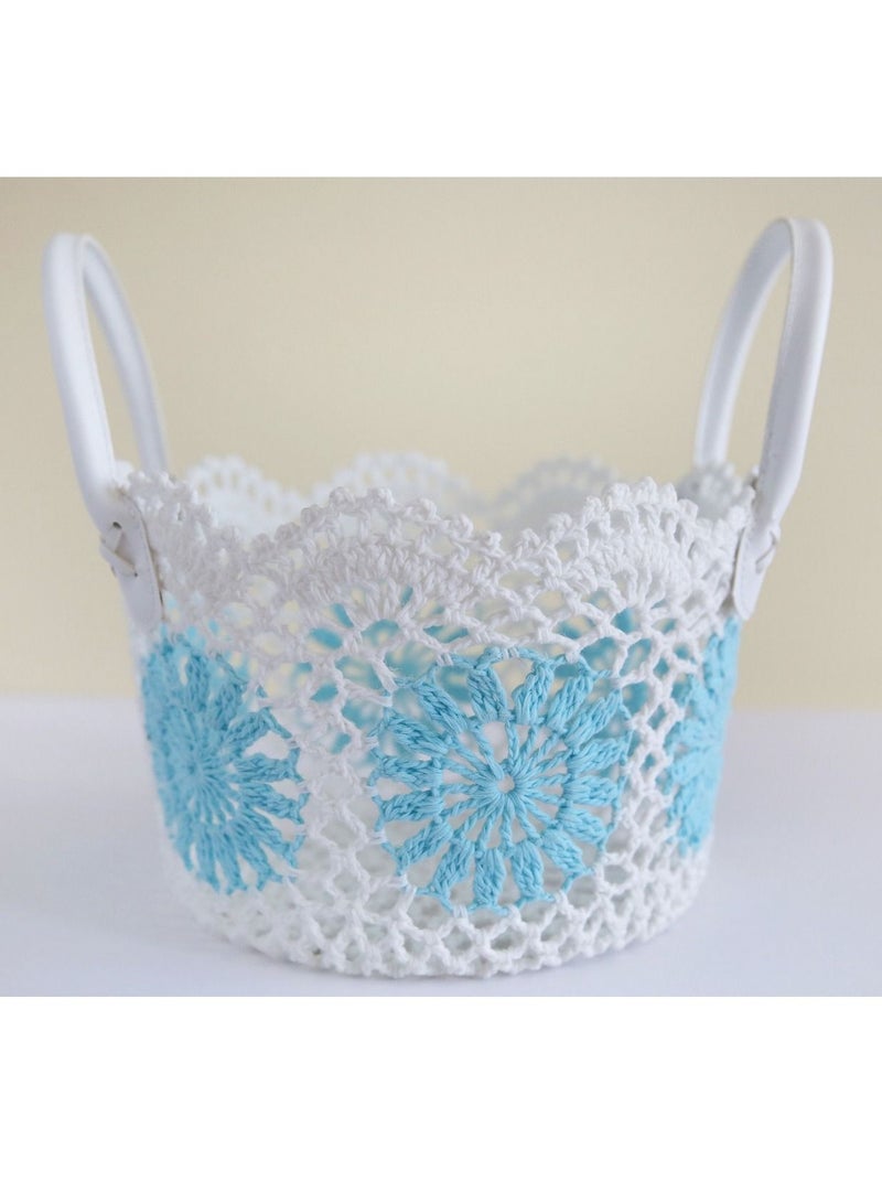 سلة لون أبيض وأزرق فاتح من القطن الطبيعي متعددة الاستخدامات قياس 27 في 15 سم - Image 2