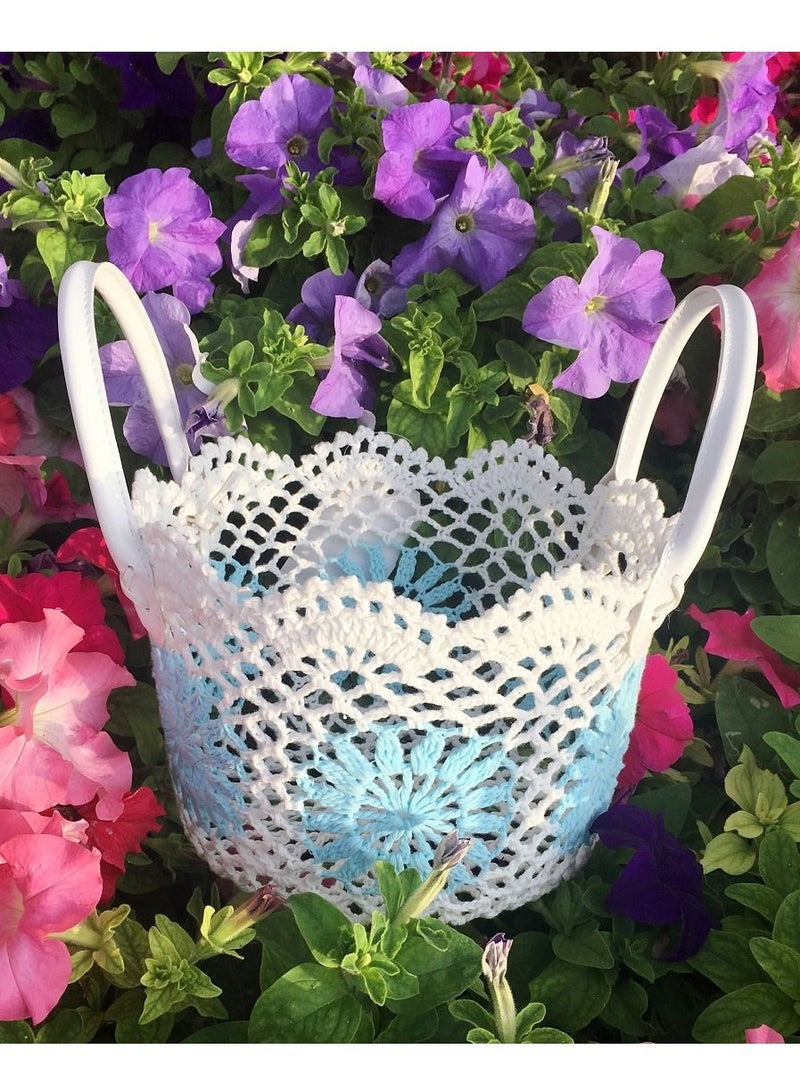 سلة لون أبيض وأزرق فاتح من القطن الطبيعي متعددة الاستخدامات قياس 27 في 15 سم - Image 4