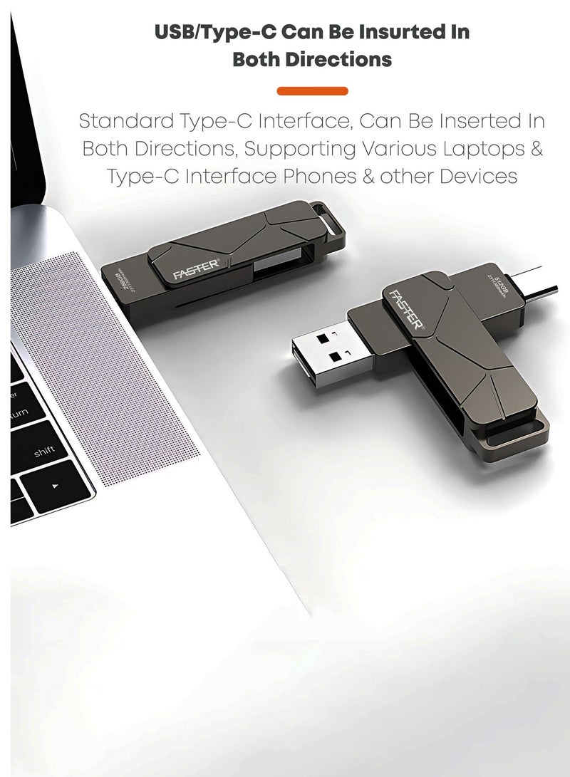 فاستر محرك أقراص فلاش مزدوج USB-C بسعة 256 جيجابايت وسرعة 120 ميجابايت/ثانية - ذاكرة USB 3.2 تدعم تقنية OTG ومزودة بمنفذي USB-C وUSB-A - ذاكرة فلاش معدنية بتصميم دوار متوافقة مع iPhone وiPad وأجهزة Android وMacBook وأجهزة الكمبيوتر (Windows) وأجهزة اللابتوب والأجهزة اللوحية - محرك أقراص USB سريع ومتعدد الاستخدامات (2 في 1). - Image 3