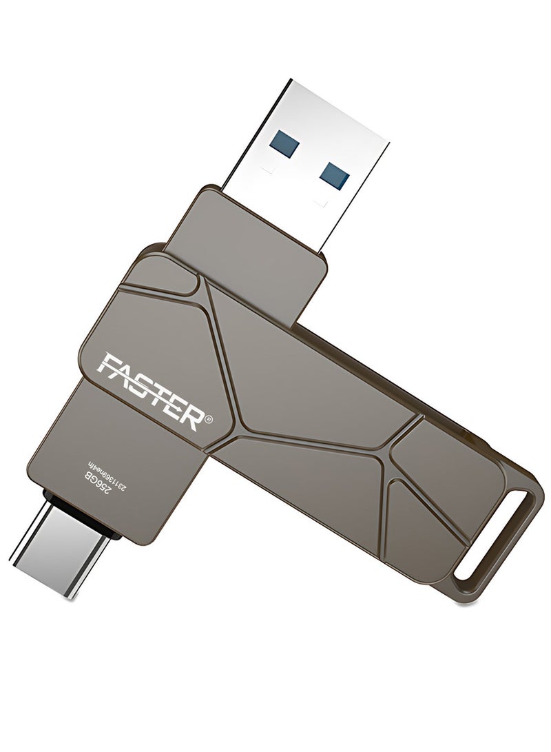 فاستر محرك أقراص فلاش مزدوج USB-C بسعة 256 جيجابايت وسرعة 120 ميجابايت/ثانية - ذاكرة USB 3.2 تدعم تقنية OTG ومزودة بمنفذي USB-C وUSB-A - ذاكرة فلاش معدنية بتصميم دوار متوافقة مع iPhone وiPad وأجهزة Android وMacBook وأجهزة الكمبيوتر (Windows) وأجهزة اللابتوب والأجهزة اللوحية - محرك أقراص USB سريع ومتعدد الاستخدامات (2 في 1). - Image 1