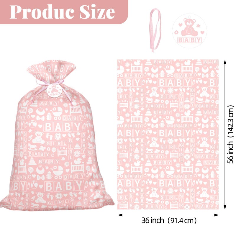 Laidans 56" Pink Jumbo Plastic Gift Bag, Baby Girl Design Extra Large Plastic Bag with Tag and Tie for Birthday, Baby Shower and Holiday - Image 2
