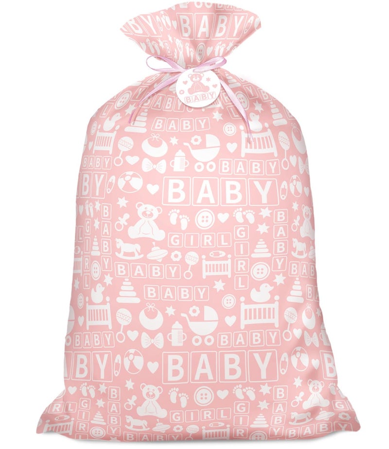 Laidans 56" Pink Jumbo Plastic Gift Bag, Baby Girl Design Extra Large Plastic Bag with Tag and Tie for Birthday, Baby Shower and Holiday - Image 1