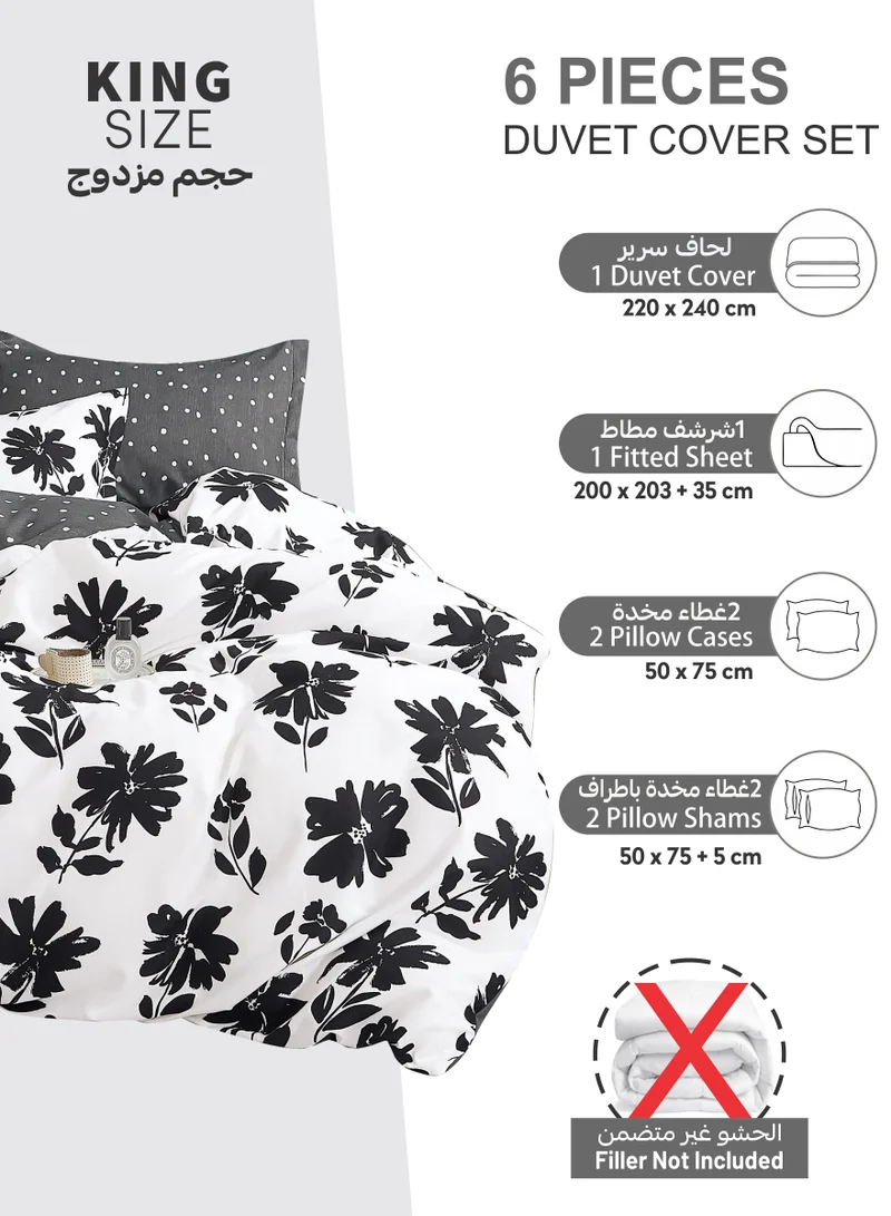 Donetella Printed Duvet Set, King Size 220x240 cm - 6-Pcs Bed Set, Microfiber Fabric - 1 Duvet Cover, 1 Fitted Sheet, 2 Pillow Shams, 2 Pillowcases (Filler Not Included)