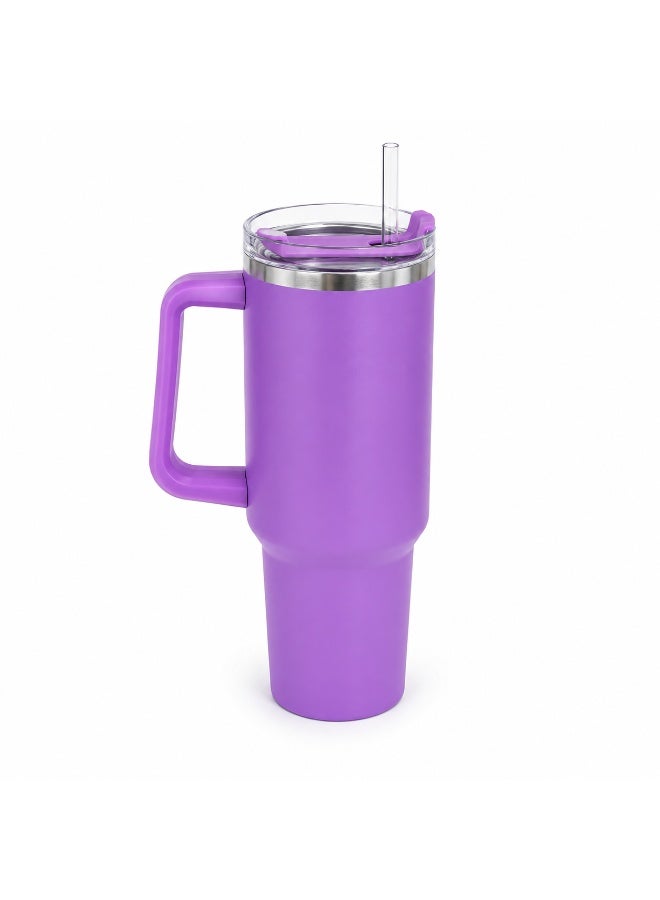 Thermal mug with straw, handle, and lid — portable double-wall vacuum insulated coffee cup made of stainless steel, suitable for hot and cold drinks, perfect for car use,  (Purple) - Image 1