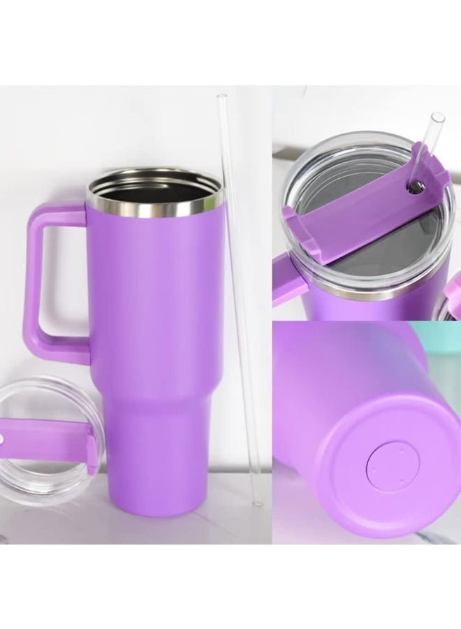 Thermal mug with straw, handle, and lid — portable double-wall vacuum insulated coffee cup made of stainless steel, suitable for hot and cold drinks, perfect for car use,  (Purple) - Image 2