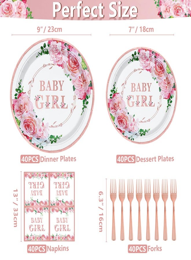 Inspireyee 160 PCS Baby Shower Decorations for Girl Gender Reveal Party Supplies Tableware set-Plate, Napkin, Baby Shower Rose Gold Floral Dinnerware Set for Girl Baby Shower Decorations Party Supplies 40 Guests - Image 2