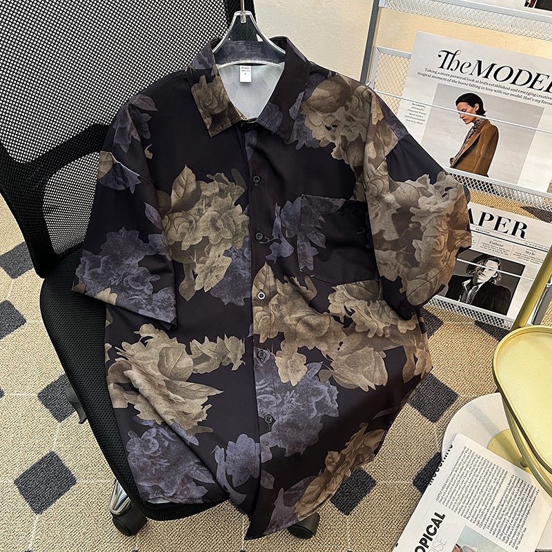 C01 Four-Sided Bullet Shirt Ruffian Handsome Printed Short Sleeve Men'S Summer Ice Silk T-Shirt Men'S Ins Korean-Style Southern Oil Niche - Image 1