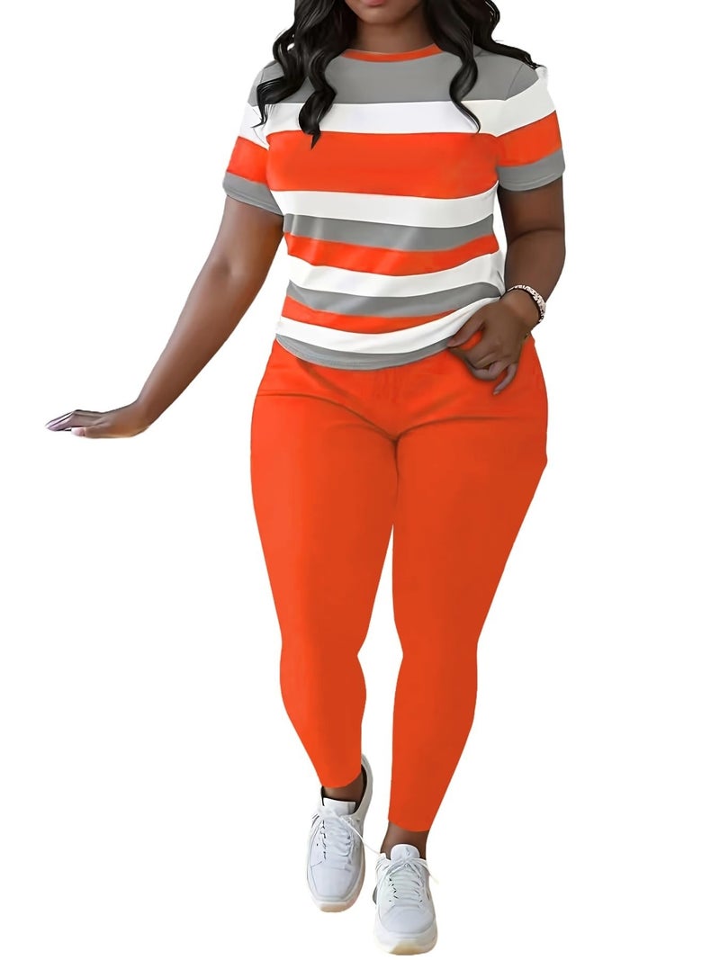 HBQ Women 2 Piece Outfits Summer Sweatsuits Slim Fit Track Suits Biker Short Workout Jogger Sets Stripe 2XL - Image 1