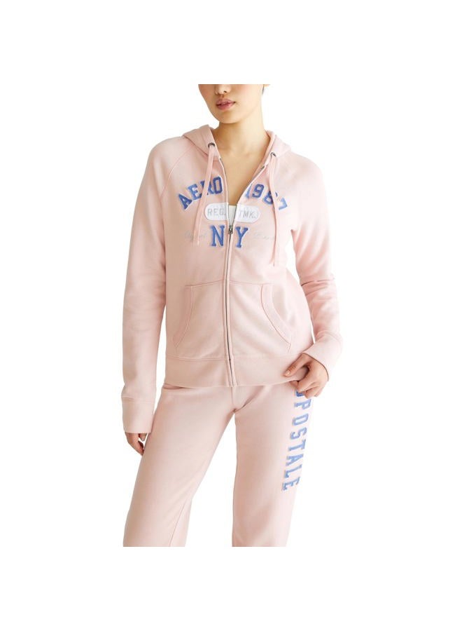 Aeropostale هودي بسحاب كامل بشعار AEROPOSTALE للنساء - أقواس - Aero 1987 NY, فضي وردي, X-Small - Image 1