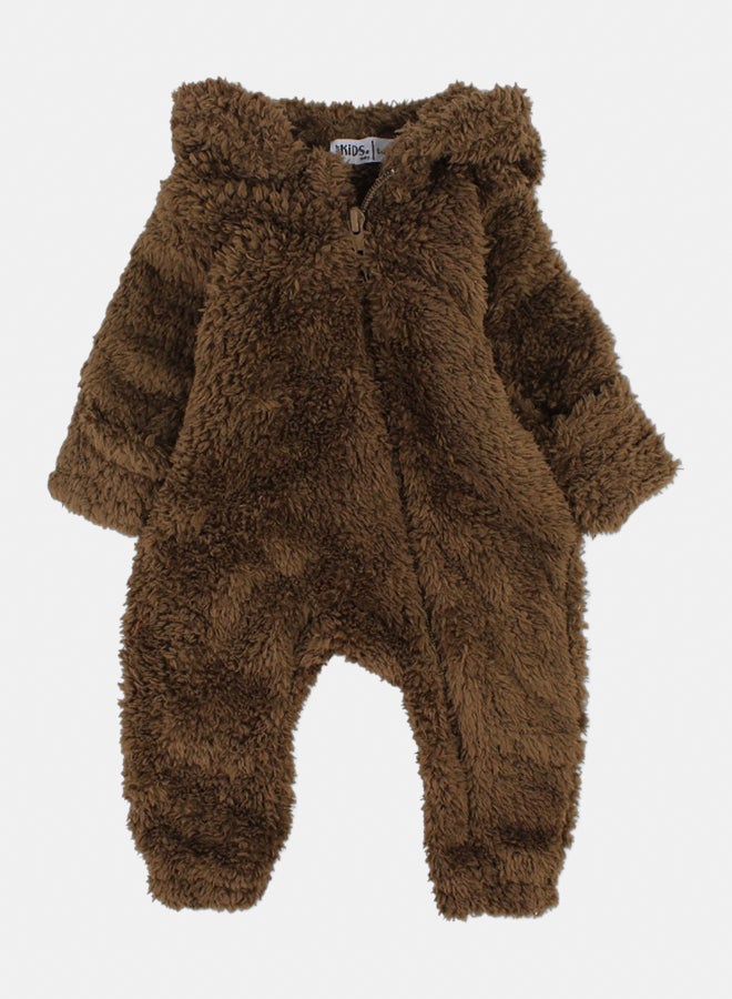 Our kids Kids Unisex Baby Fleeced Hooded Baby Footie – Coffee with Teddy Design - Image 1