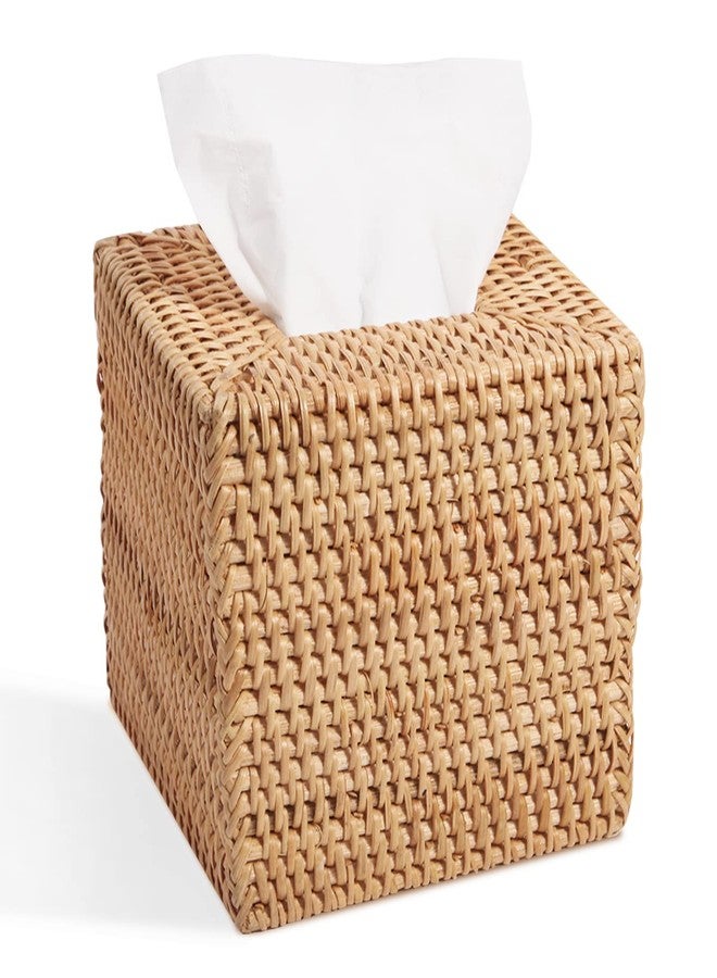 Livelab Rattan Tissue Box Cover, Square Hand Woven Natural Wicker Tissue Box Holder, Decorative Facial Napkin Holder Tissue Box Organizer Dispenser | Natural - Image 1