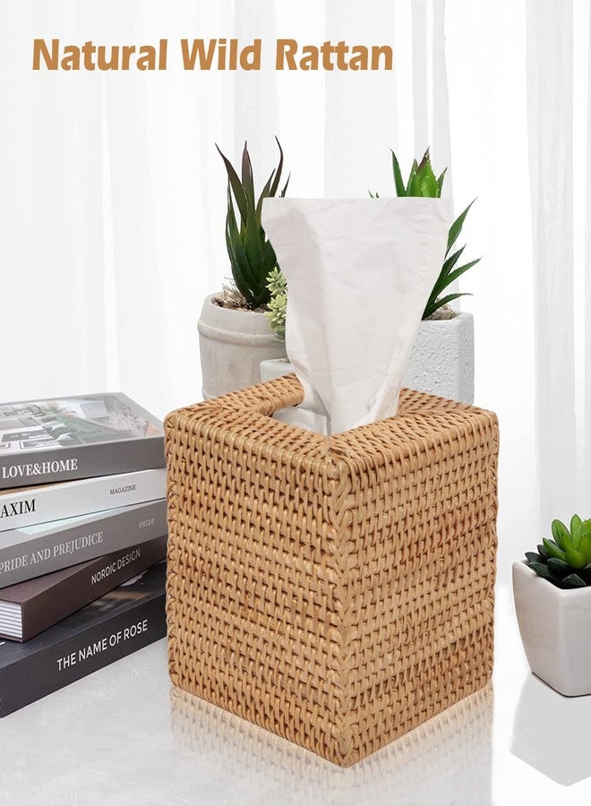 Livelab Rattan Tissue Box Cover, Square Hand Woven Natural Wicker Tissue Box Holder, Decorative Facial Napkin Holder Tissue Box Organizer Dispenser | Natural - Image 2