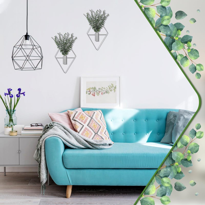 Jexine 4 Pcs Hanging Planters with Artificial Eucalyptus, Chrome Silver Wall Decor Metal Hanging Vase Indoor Plants Holder Modern Geometric Bathroom Decor for Living Room Home Office - Image 5