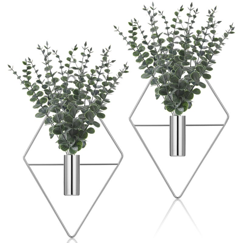 Jexine 4 Pcs Hanging Planters with Artificial Eucalyptus, Chrome Silver Wall Decor Metal Hanging Vase Indoor Plants Holder Modern Geometric Bathroom Decor for Living Room Home Office - Image 1