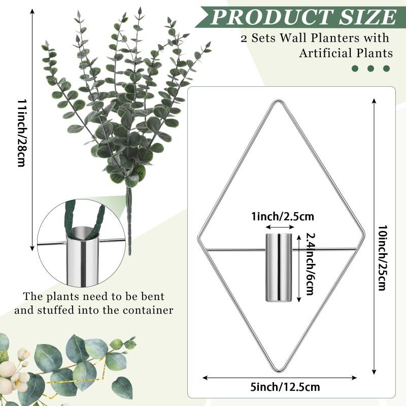 Jexine 4 Pcs Hanging Planters with Artificial Eucalyptus, Chrome Silver Wall Decor Metal Hanging Vase Indoor Plants Holder Modern Geometric Bathroom Decor for Living Room Home Office - Image 2