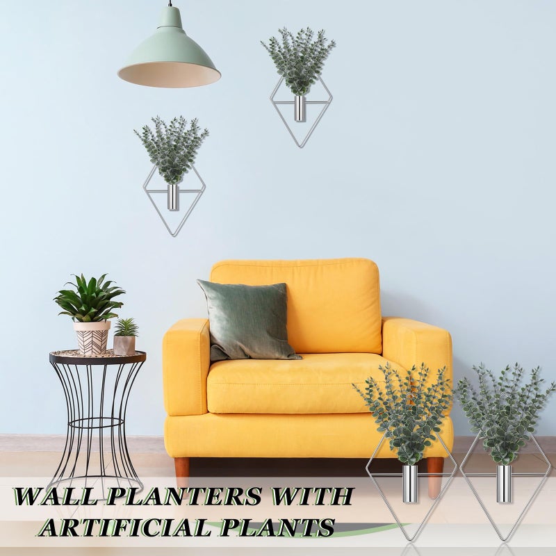 Jexine 4 Pcs Hanging Planters with Artificial Eucalyptus, Chrome Silver Wall Decor Metal Hanging Vase Indoor Plants Holder Modern Geometric Bathroom Decor for Living Room Home Office - Image 4