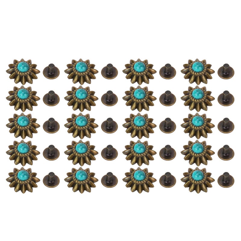 20 Set Daisy Decorative Conchos Buckles Simulation Turquoise Alloy Rivets Vintage Western Metal Screwback Buttons Green - Image 1