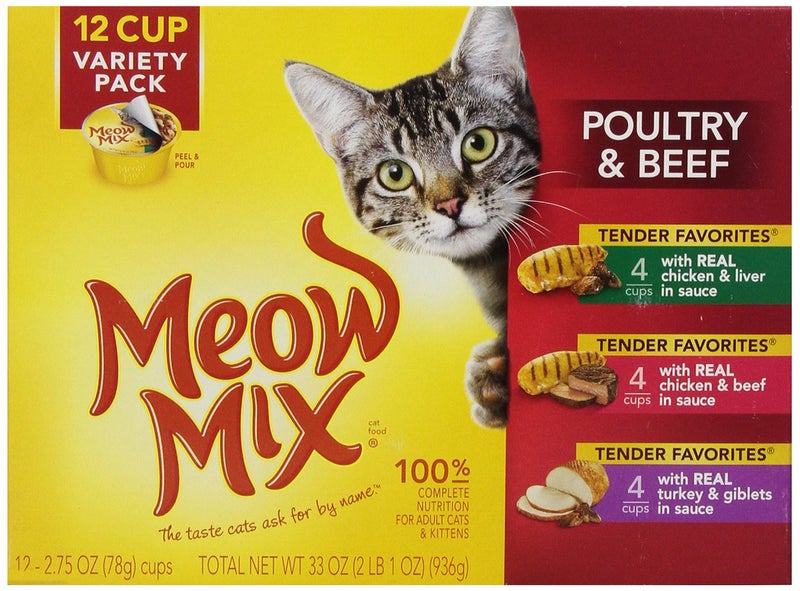 Meow Mix Tender Favorites Poultry & Beef Variety Pack, 2.75-Ounce Cups, 12-Count - Image 1