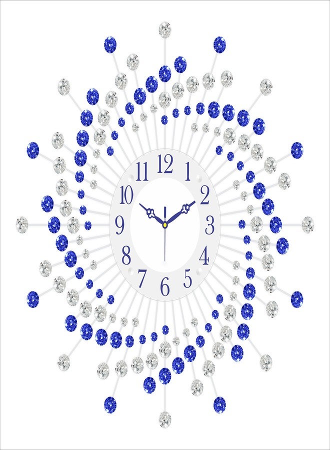 CHRONIKLE Beautiful Crystal Analog Floral Design Round Diamond Studded Metal Wall Clock for Living Room Home Decor Office Gifts (Size: 60 x 5 x 60 CM | Color: Blue & White | Weight: 1460 Gram) - Image 1