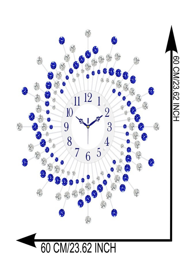 CHRONIKLE Beautiful Crystal Analog Floral Design Round Diamond Studded Metal Wall Clock for Living Room Home Decor Office Gifts (Size: 60 x 5 x 60 CM | Color: Blue & White | Weight: 1460 Gram) - Image 4