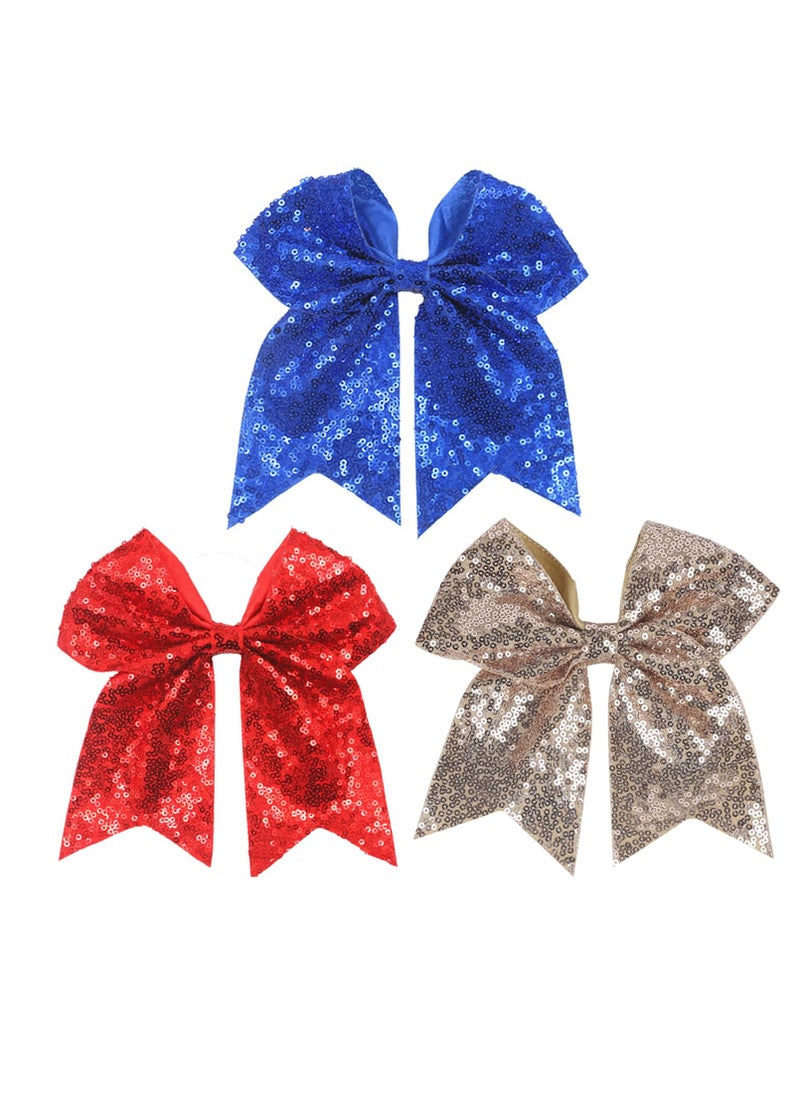 JI 3pcs 7inch Jumbo Bow Hair Clip for Girls Glitter Cheer Bow Barrettes Sequin Bow Ponytail Duck Hair Clip for Women Teen Cheerleader Costume Accessories (3 colors)  - Image 1