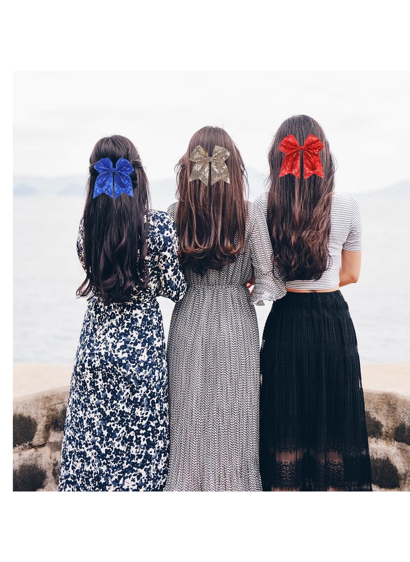 JI 3pcs 7inch Jumbo Bow Hair Clip for Girls Glitter Cheer Bow Barrettes Sequin Bow Ponytail Duck Hair Clip for Women Teen Cheerleader Costume Accessories (3 colors)  - Image 2