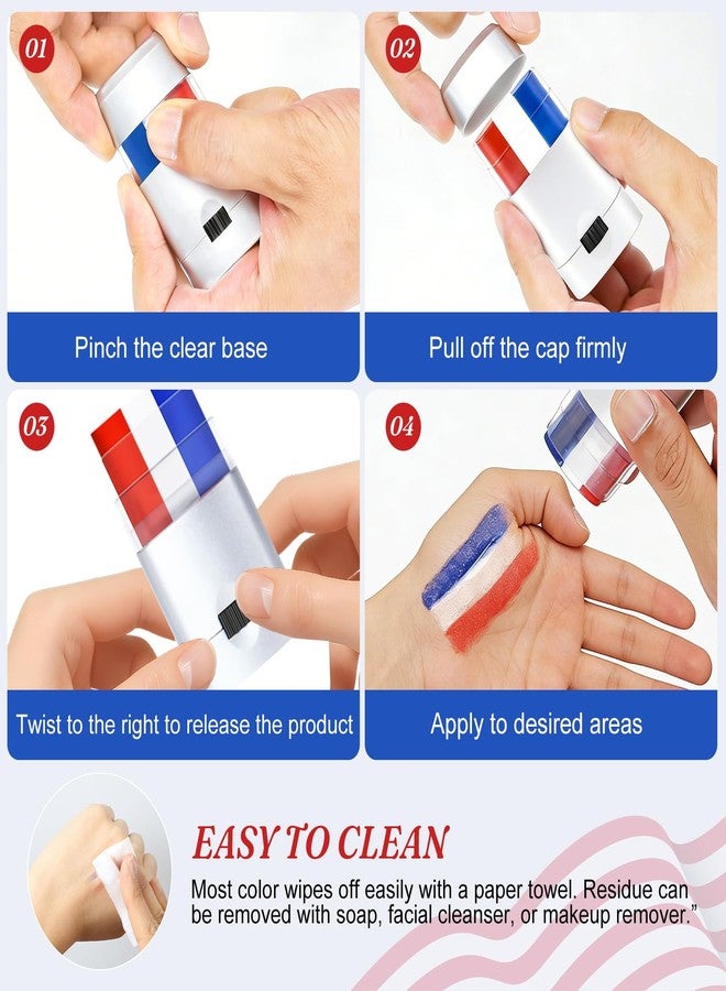Geodurn 4 Pack Red White Blue Face Paint, USA Flag Color Stripe Stick, Patriotic Face Body Painting for Sports Parties, 4th of July, Parades Accessories, Memory Day, Halloween Cosplay Makeup for Kids Adults - Image 4