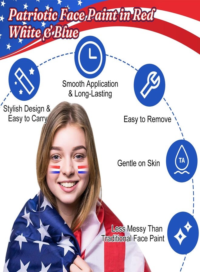 Geodurn 4 Pack Red White Blue Face Paint, USA Flag Color Stripe Stick, Patriotic Face Body Painting for Sports Parties, 4th of July, Parades Accessories, Memory Day, Halloween Cosplay Makeup for Kids Adults - Image 3