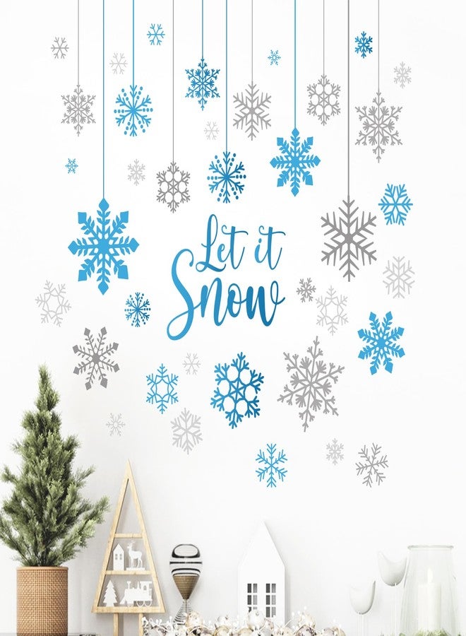 Mfault Winter Blue Grey Snowflakes Wall Decals Stickers, Let It Snow Decorations Bedroom Art, Christmas Seasonal Home Living Room Kitchen Decor - Image 1