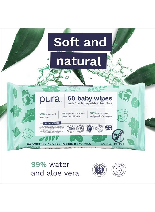 Pura Baby Wipes - 100% Plastic-Free & Plant Based Wipes, 99% Water, Suitable for Sensitive & Eczema-prone Skin, Fragrance Free & Hypoallergenic, Cruelty Free, EWG Verified, 1 Pack of 60 Wet Wipes - Image 3