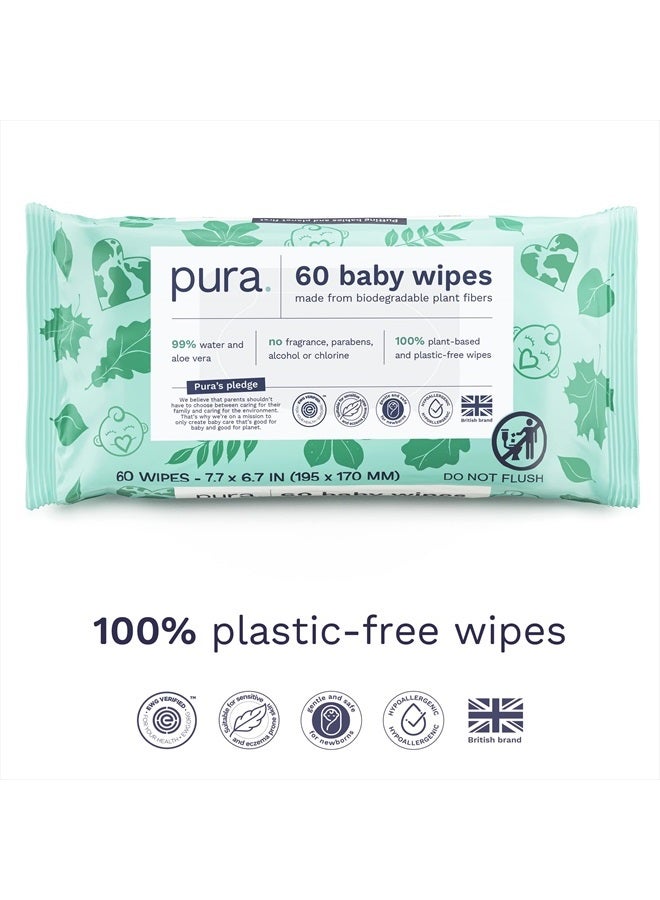 Pura Baby Wipes - 100% Plastic-Free & Plant Based Wipes, 99% Water, Suitable for Sensitive & Eczema-prone Skin, Fragrance Free & Hypoallergenic, Cruelty Free, EWG Verified, 1 Pack of 60 Wet Wipes - Image 4