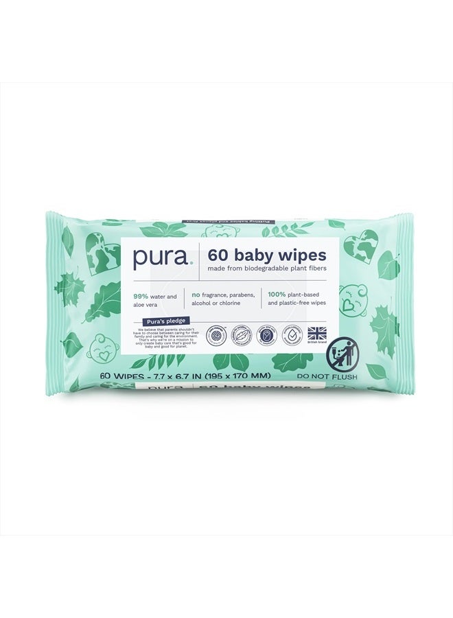 Pura Baby Wipes - 100% Plastic-Free & Plant Based Wipes, 99% Water, Suitable for Sensitive & Eczema-prone Skin, Fragrance Free & Hypoallergenic, Cruelty Free, EWG Verified, 1 Pack of 60 Wet Wipes - Image 1