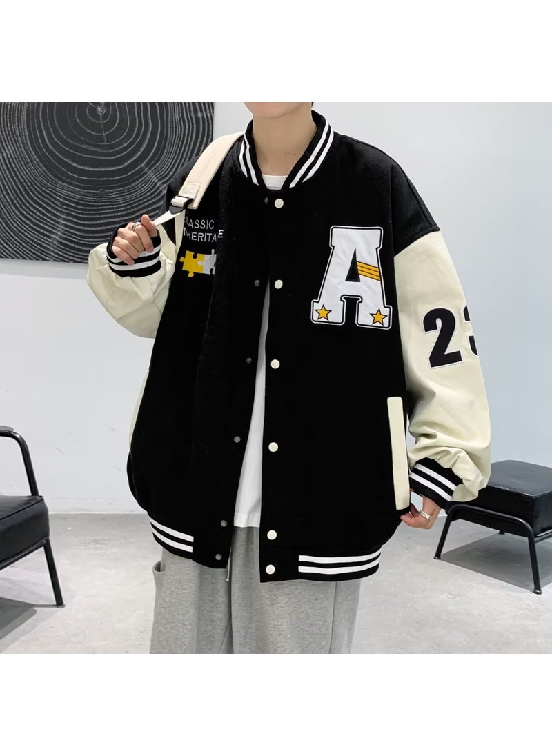 Generic - Vintage Towel Embroidery Baseball Jacket for Couples Black - Image 1