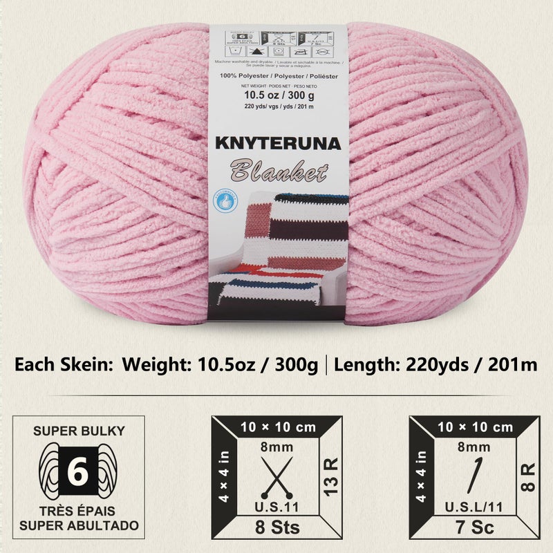 Knyteruna #6 Super Bulky Blanket Yarn for Crocheting - 4 Skeins(Each 10.5oz/300g, 220yds/201m), Chunky Chenille Thick Plush Big Soft Yarn for Crocheting Knitting Blankets, Pink - Image 2