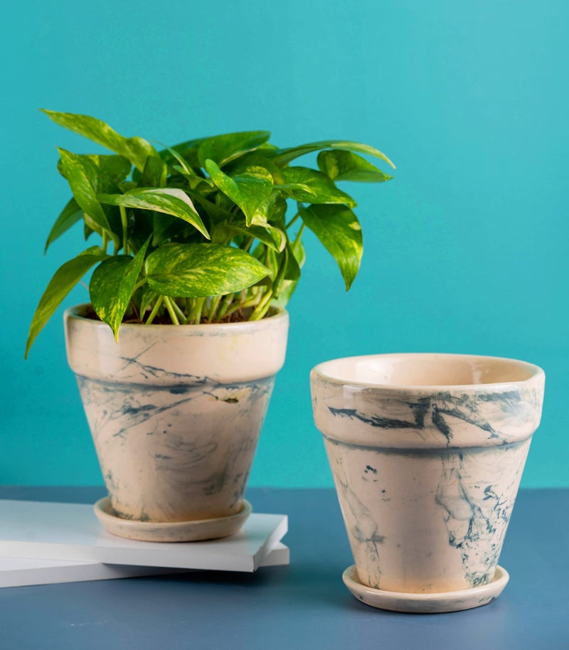 Nurturing Green® Combo of 2 Green 'Mystique' Ceramic Pots for Indoor Plants & Decor (Size: 5.5 Inch High*6 Inch Wide | Comes with Bottom Tray) - Image 1