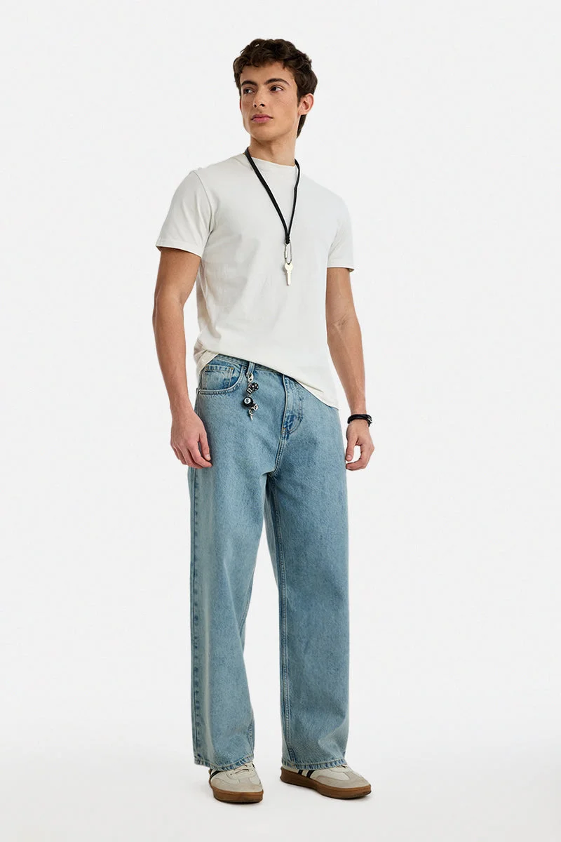 سنيتش Ice Blue Solid Wide Leg Streetwear Jeans