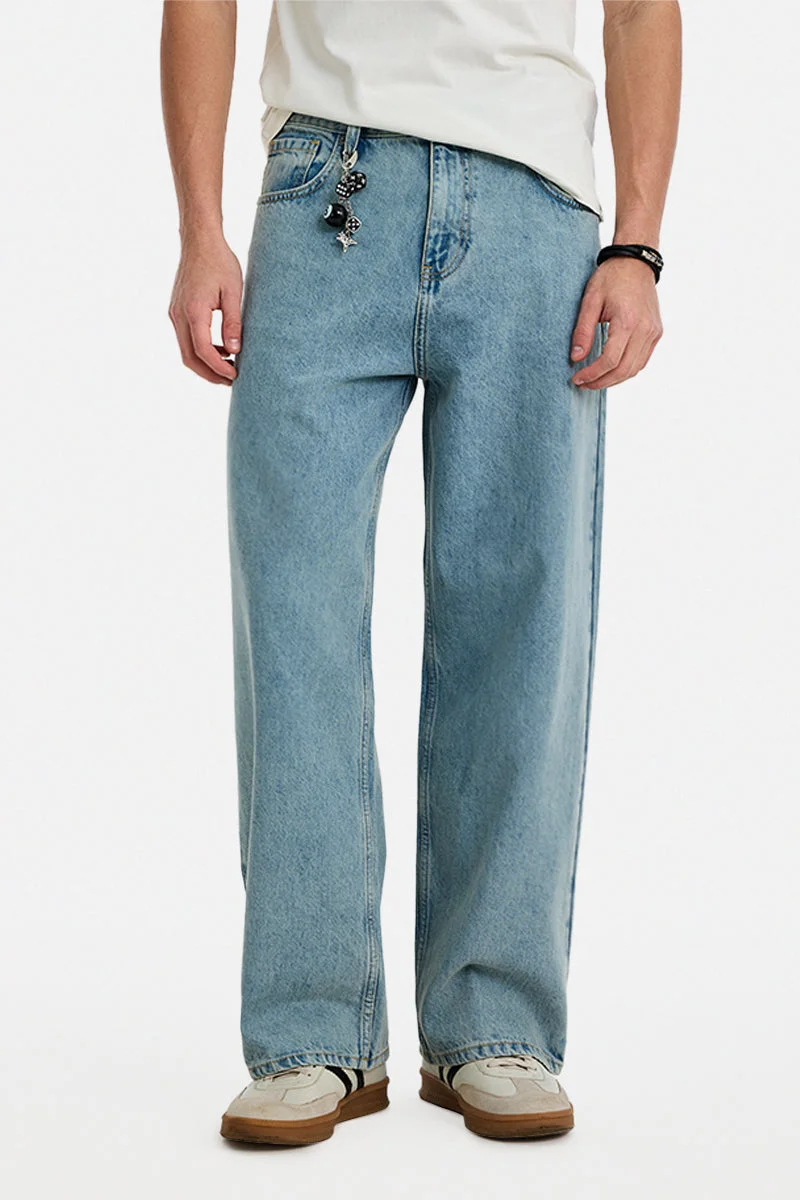 سنيتش Ice Blue Solid Wide Leg Streetwear Jeans