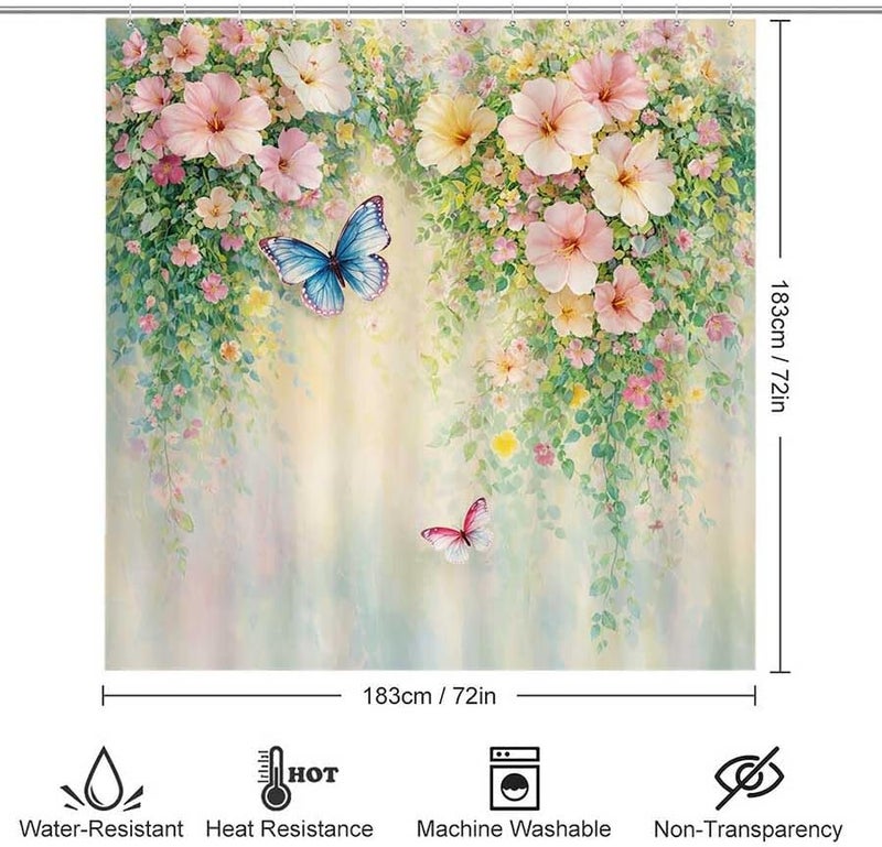 Butterflies and Flowers in a Garden Scene.-4Shower Curtain for Bathroom Waterproof Tan Shower Curtain with Hooks 71 inch x 71 inch - Image 3