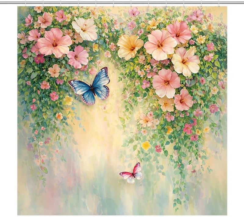 Butterflies and Flowers in a Garden Scene.-4Shower Curtain for Bathroom Waterproof Tan Shower Curtain with Hooks 71 inch x 71 inch - Image 1