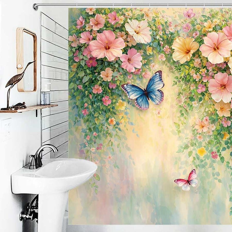 Butterflies and Flowers in a Garden Scene.-4Shower Curtain for Bathroom Waterproof Tan Shower Curtain with Hooks 71 inch x 71 inch - Image 4