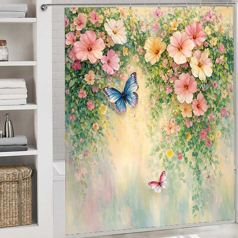 Butterflies and Flowers in a Garden Scene.-4Shower Curtain for Bathroom Waterproof Tan Shower Curtain with Hooks 71 inch x 71 inch - Image 2