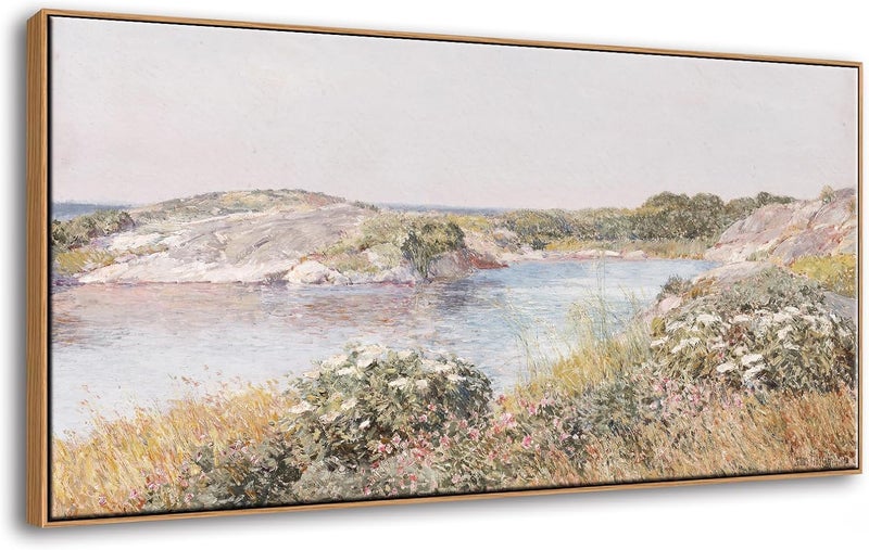 DJSYLIFE Large Framed Wall Art - Vintage Countryside Landscape Wildflowers River Scene Canvas Prints - Image 1