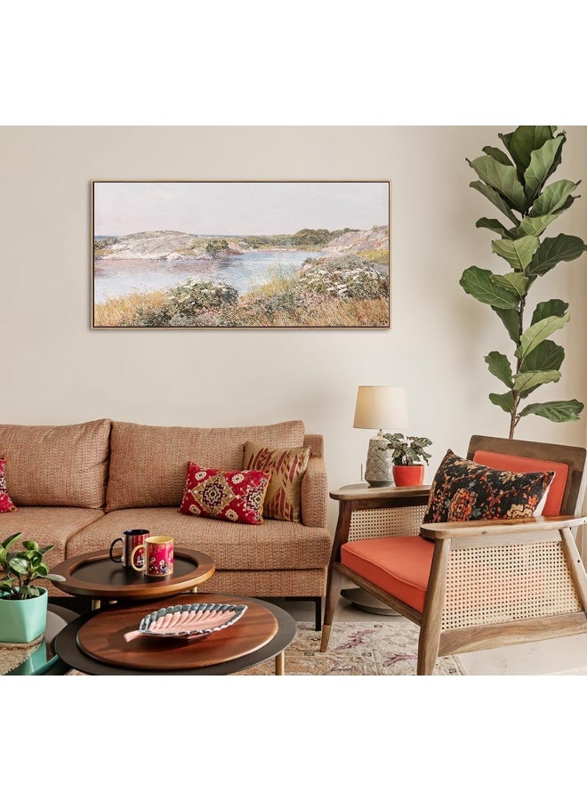 DJSYLIFE Large Framed Wall Art - Vintage Countryside Landscape Wildflowers River Scene Canvas Prints - Image 3