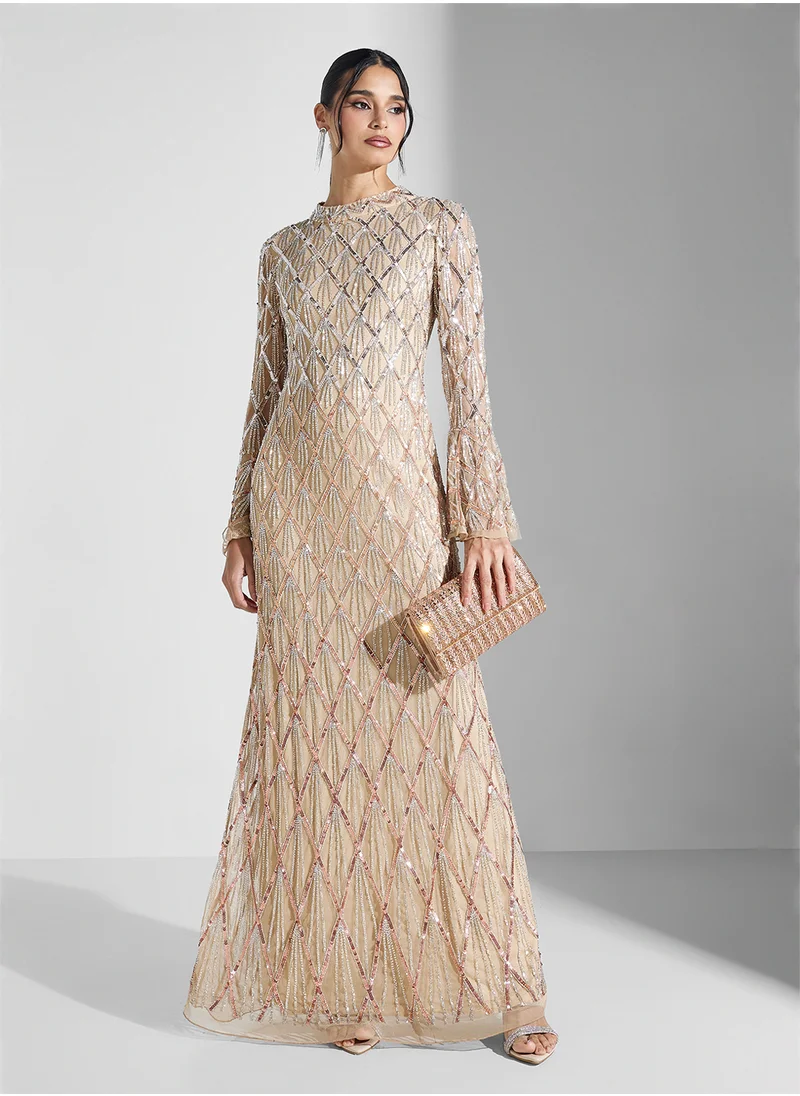 Amelia Rose Embellished Flared Sleeve Maxi Dress