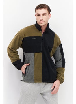 Fourlaps Men High Neck Long Sleeve Colorblock Half Zip Sweatshirt, Olive  - Image 1