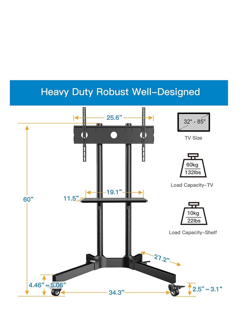 ELTRAZONE Mobile TV Cart with Wheels for 32-65 Inch LCD LED Plasma Flat Screen TVs- Height Adjustable Rolling TV Stand Hold up to 132 lbs- Floor Stand with Tray Max VESA 600x400mm  - Image 4