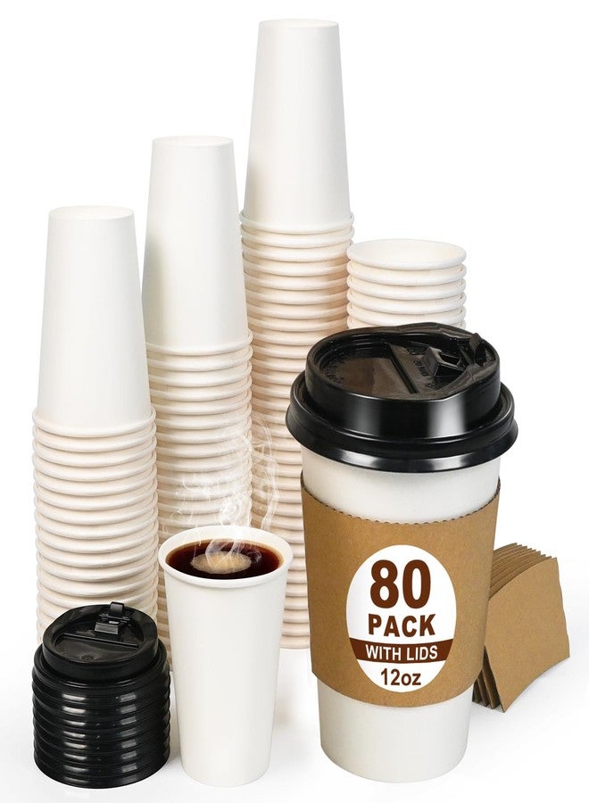 ESSENTIAL 12 oz Heavy Duty Coffee Cups with Lids, Sleeves & Labels–80 Pack Disposable Paper To Go Cups, for Hot/Cold Beverage, Offices, Homes, Party - Image 1